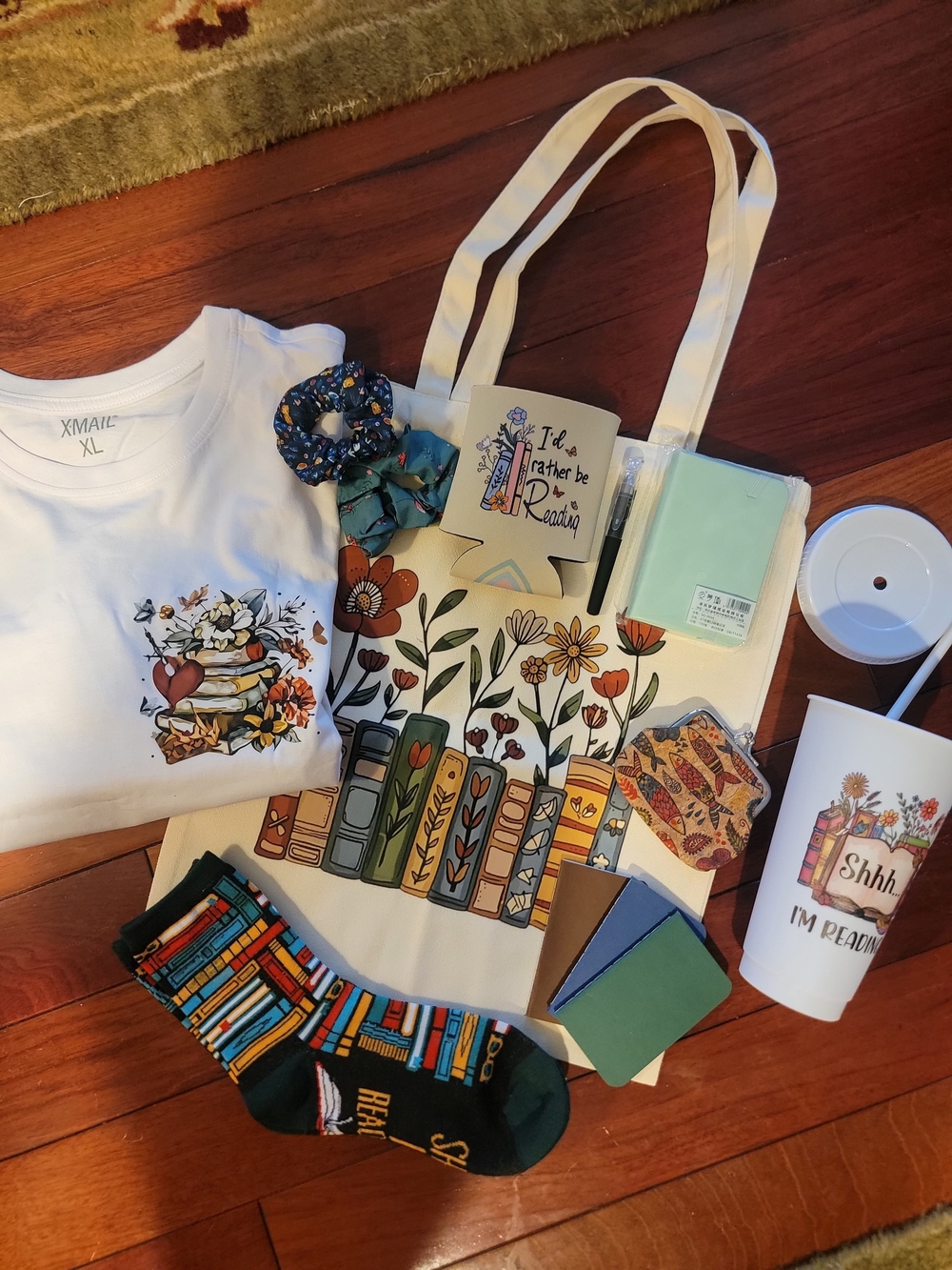 Floral Book Tote Bag - Cream Canvas Library Tote Gift Set